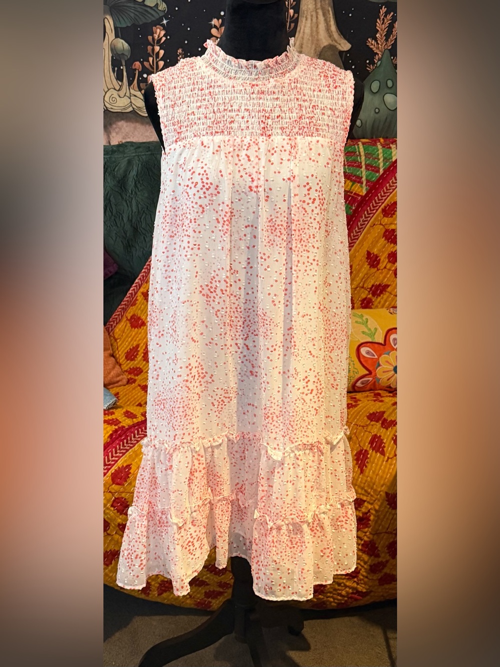 CeCe White Midi Dress with Orange Speckled Print